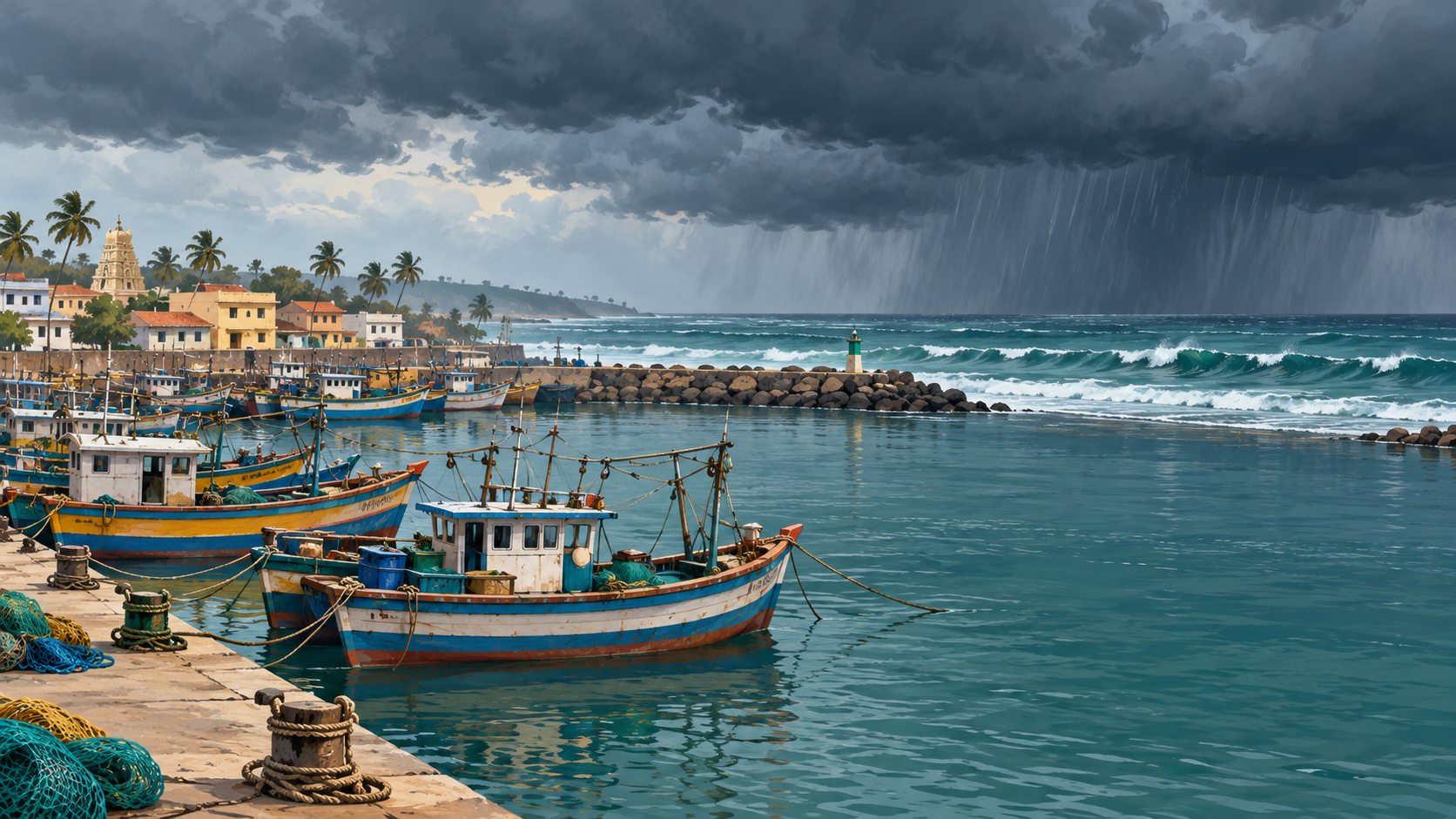 Illustration of fishing boats secured in an Andhra Pradesh harbour beneath dark cyclone clouds