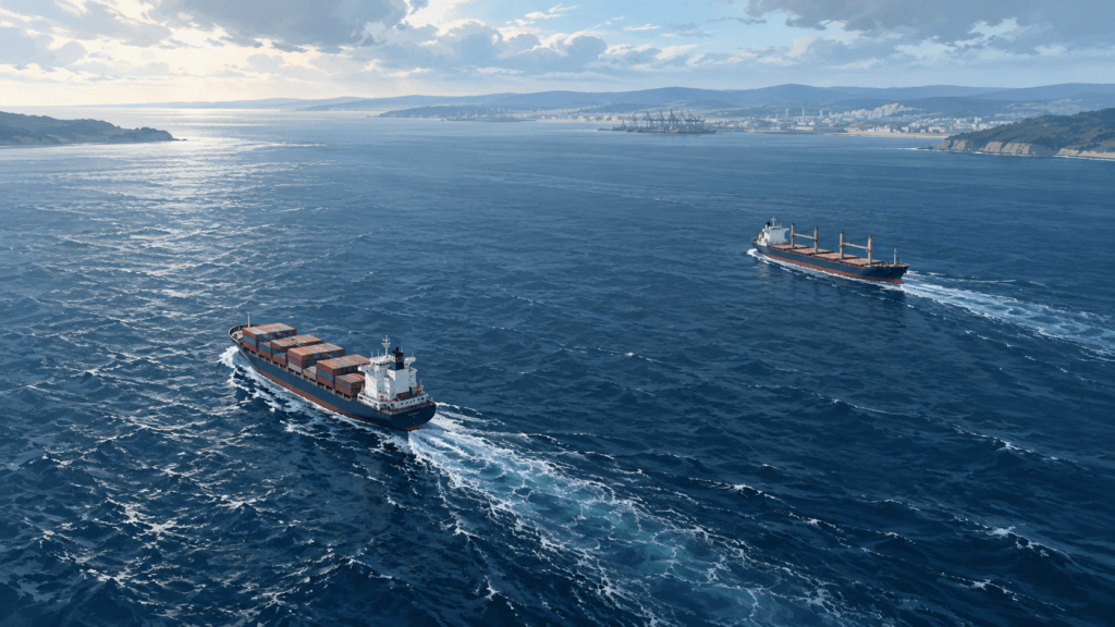 Illustration of commercial vessels crossing open water in a generic Black Sea setting