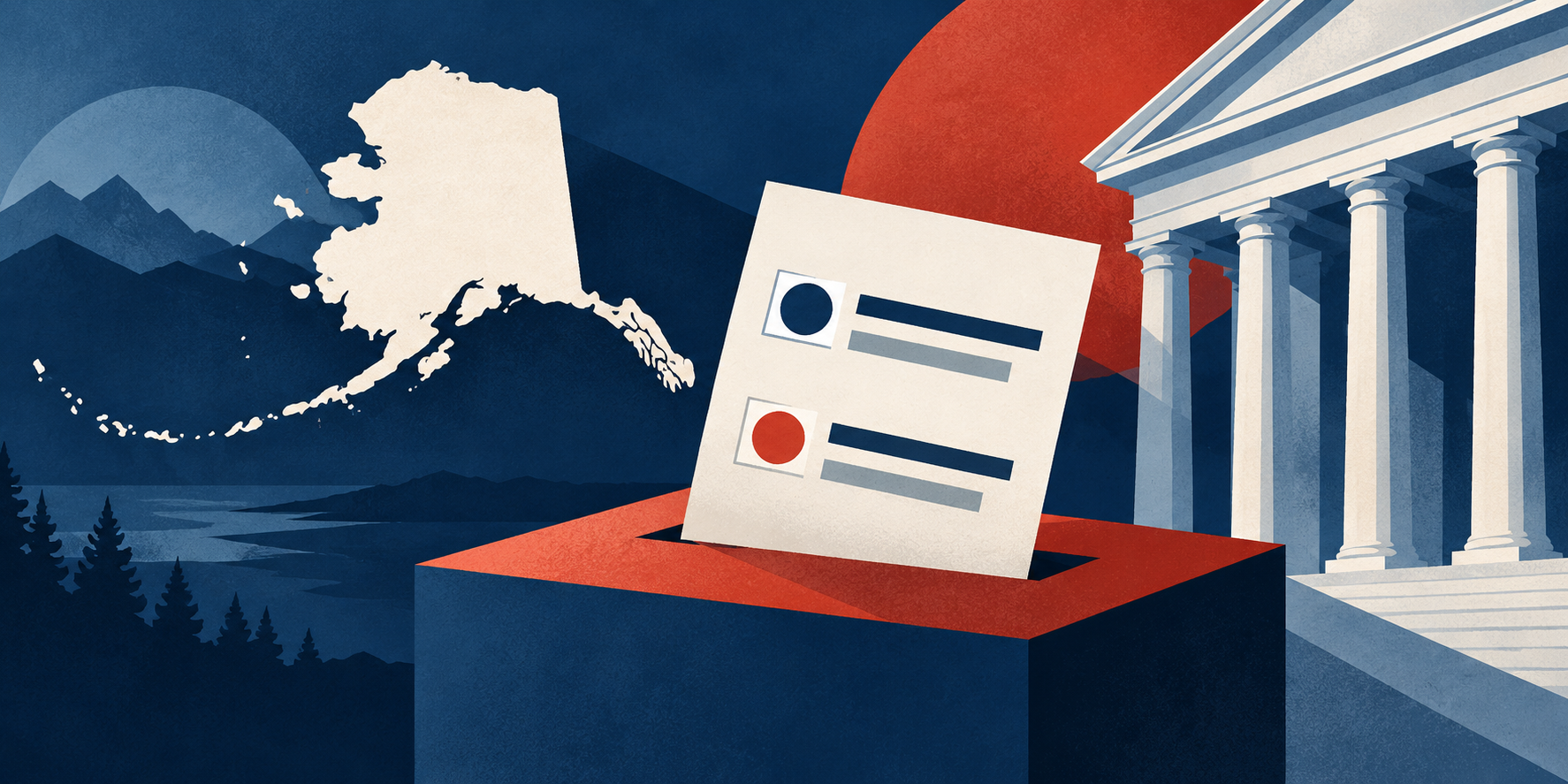 Illustration for the Alaska Senate lawsuit: a ballot and courthouse beside a map of Alaska