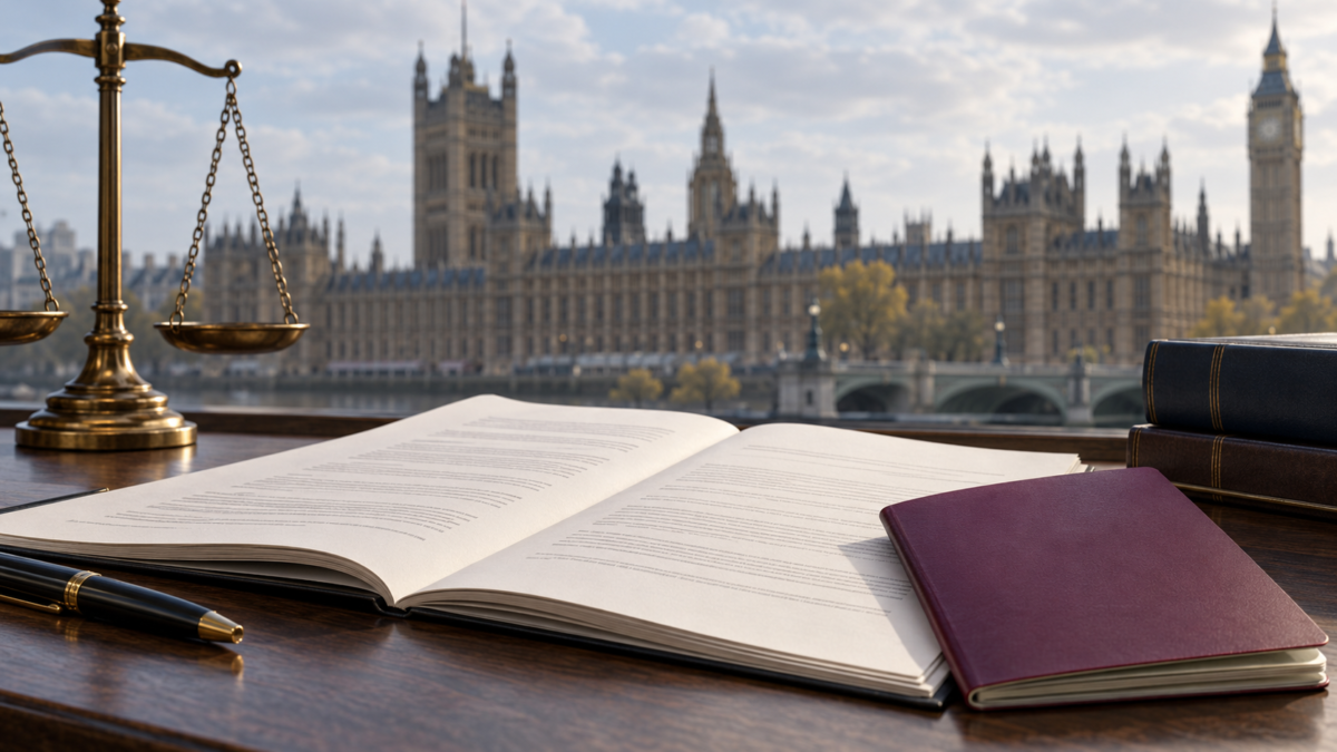 Open bill document and passport before the UK Parliament building, illustrating proposed immigration legislation.