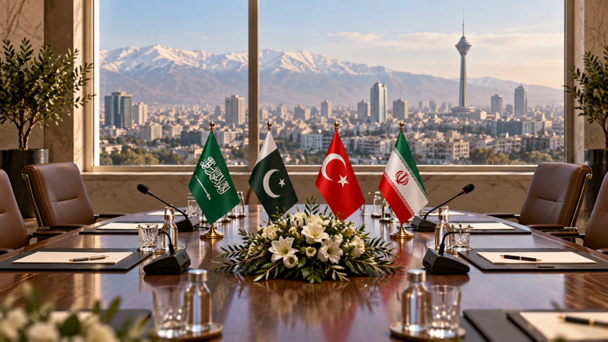 Illustration of four national flags around a diplomatic conference table in Tehran