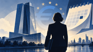 Illustrative view of the European Central Bank and a symbolic leader silhouette beside a February 2027 calendar; not Christine Lagarde or a real ECB scene.