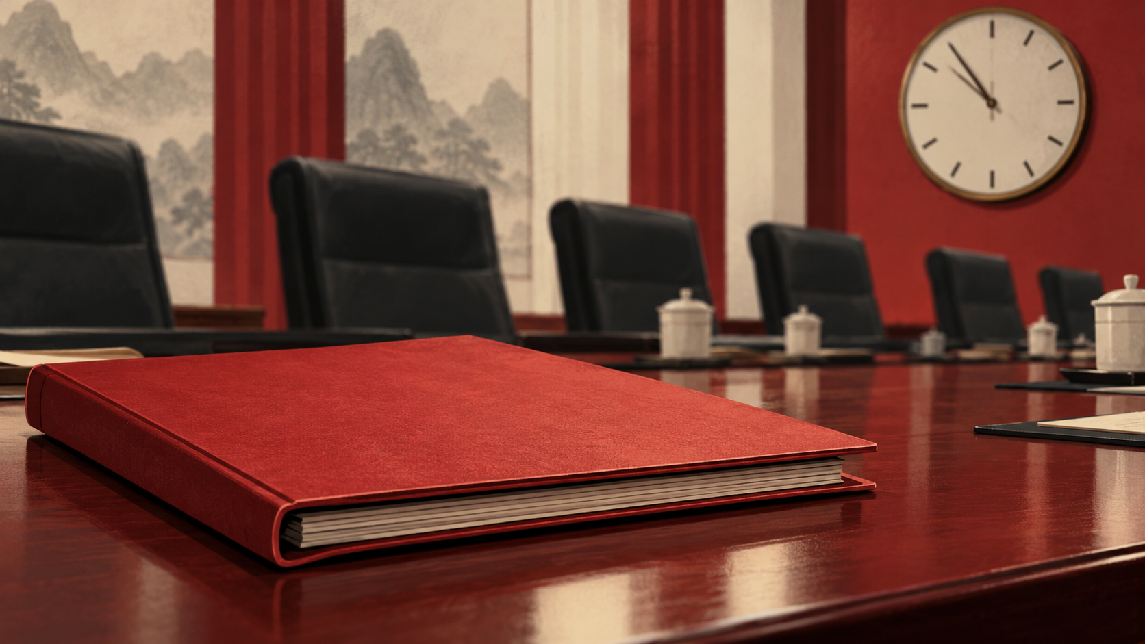 China’s fifth plenum: conceptual illustration of a closed red folder on a boardroom table, representing unpublished decisions.