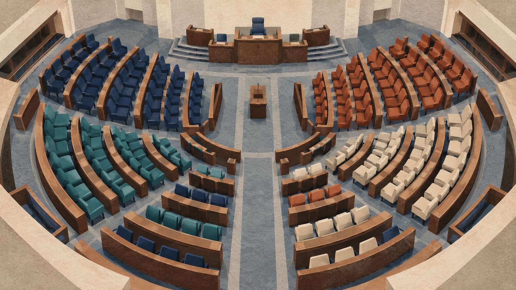 Illustration of a parliamentary chamber with varied seat groups, representing coalition talks rather than actual seat projections