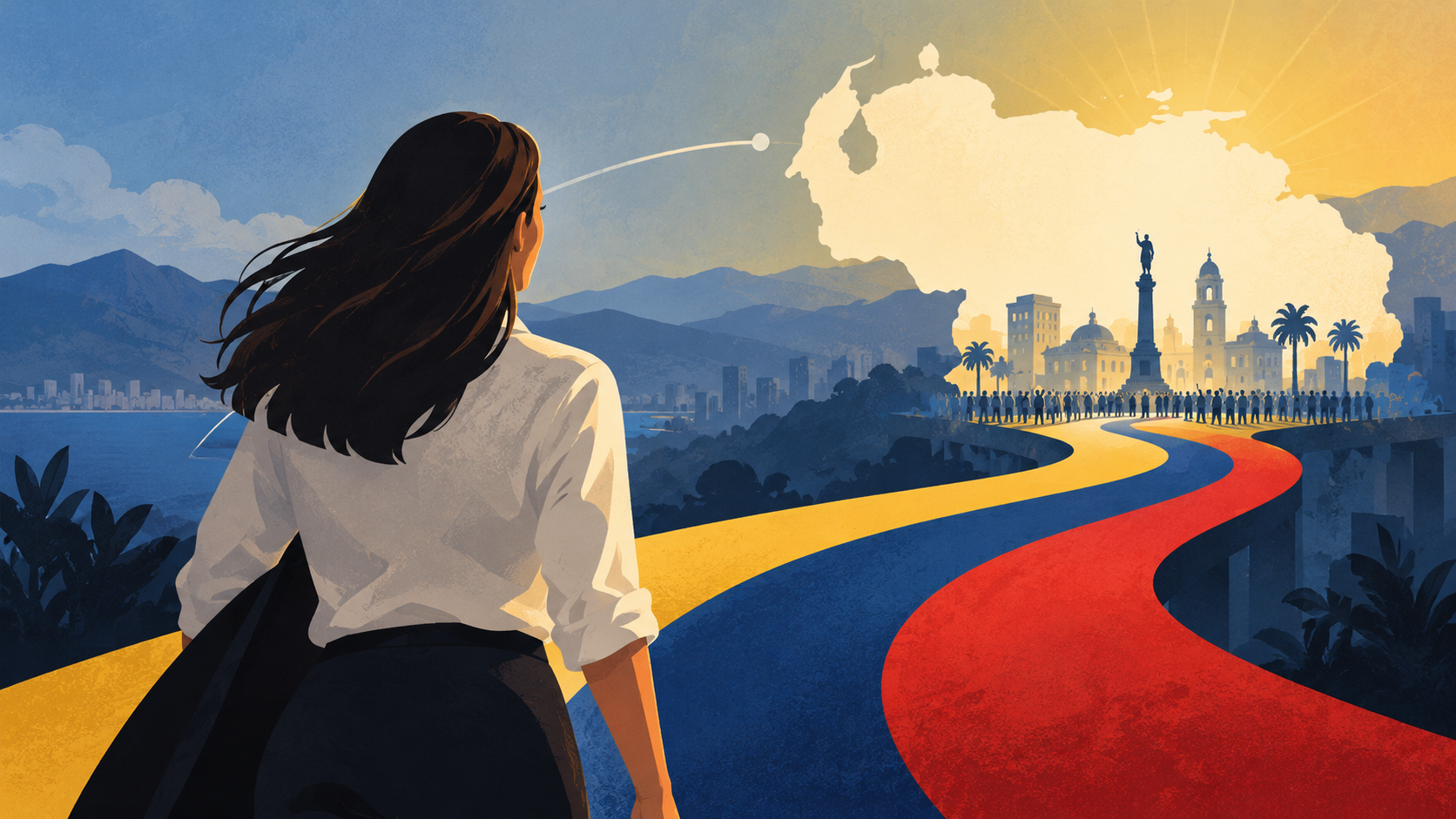 Symbolic illustration of a woman approaching a Venezuelan-inspired public square; not a depiction of Machado or the actual return.