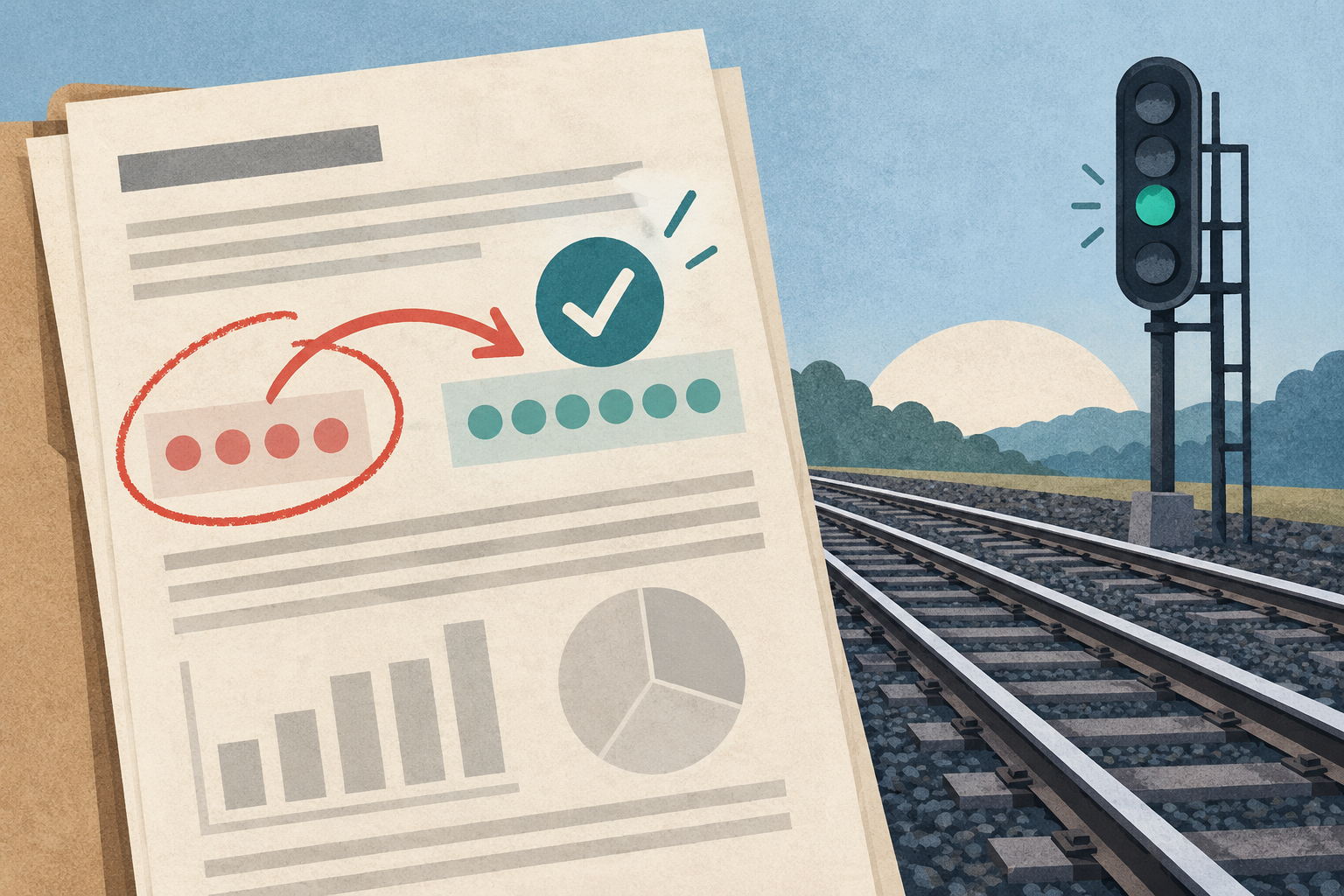 Illustration of a report page with a correction mark and railway signal