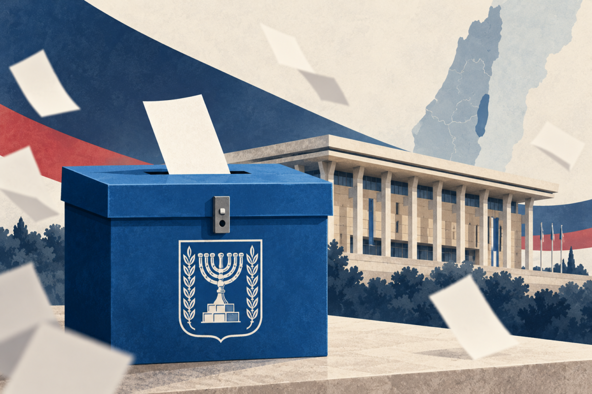 Illustration of a ballot box and parliament building representing Israel’s 2026 election