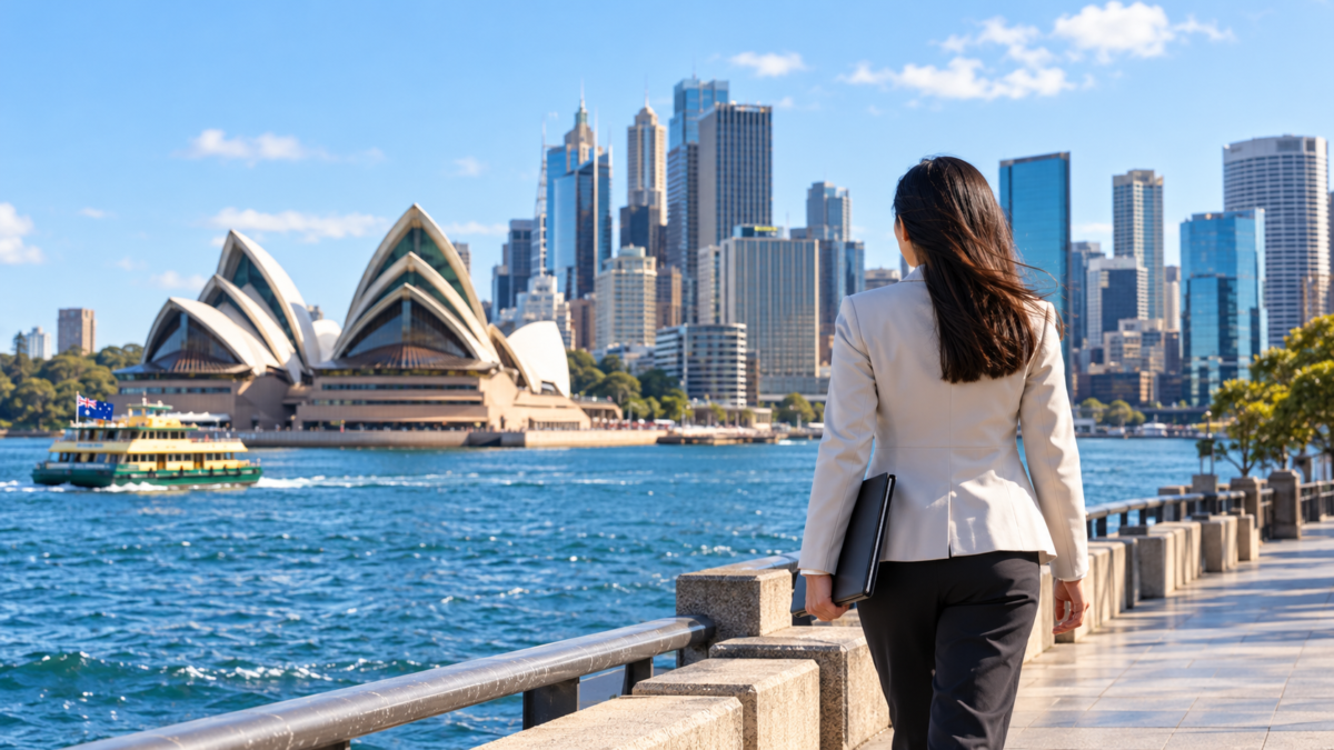 Professional migrant looking across Sydney Harbour towards the Opera House, illustrating Australia’s subclass 189 skilled visa invitation round.