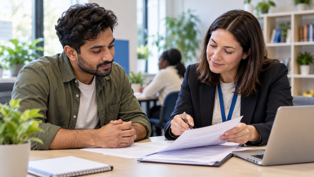 Migrant worker reviewing employment documents with an adviser in a support centre