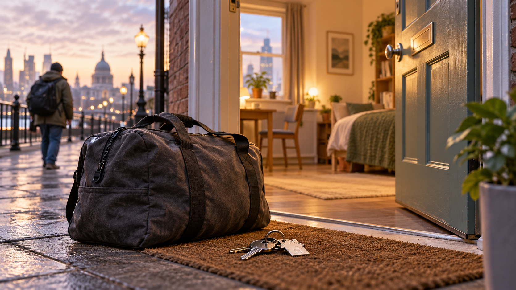 Illustrative view of an open supported-housing doorway, with a travel bag and keys