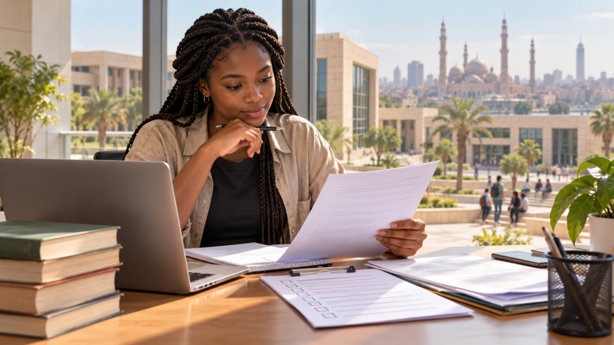 An African student reviews scholarship application papers beside a laptop at a Cairo university campus.
