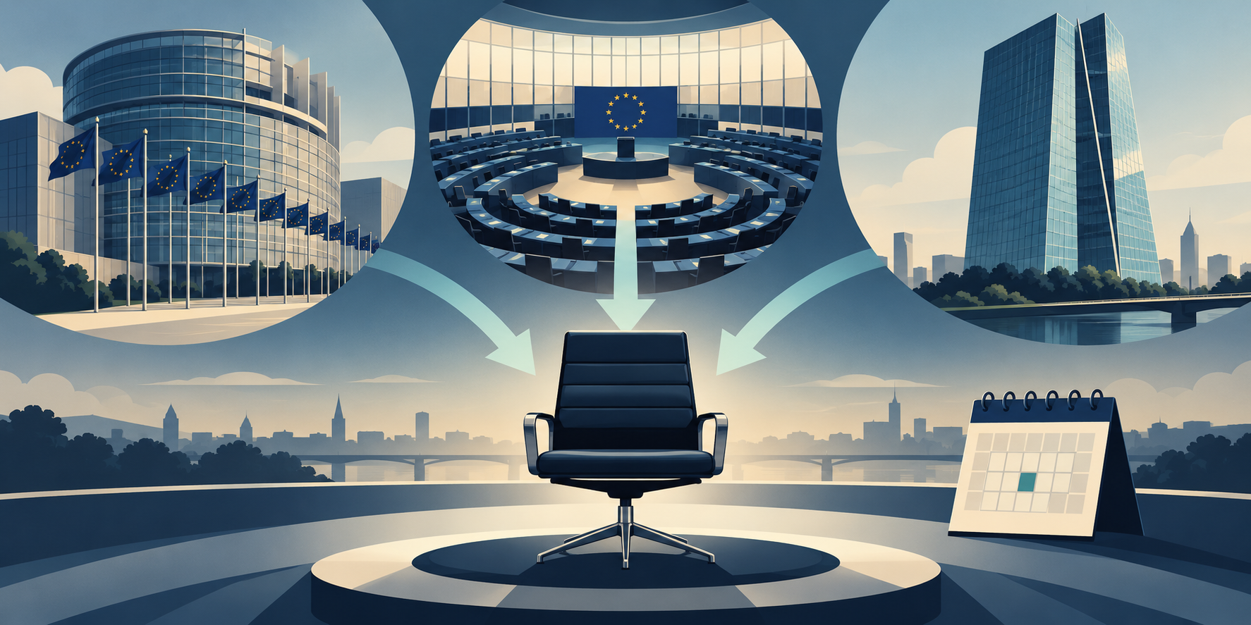 Illustrative European meeting room with an empty chair, representing the ECB succession process; not a real meeting