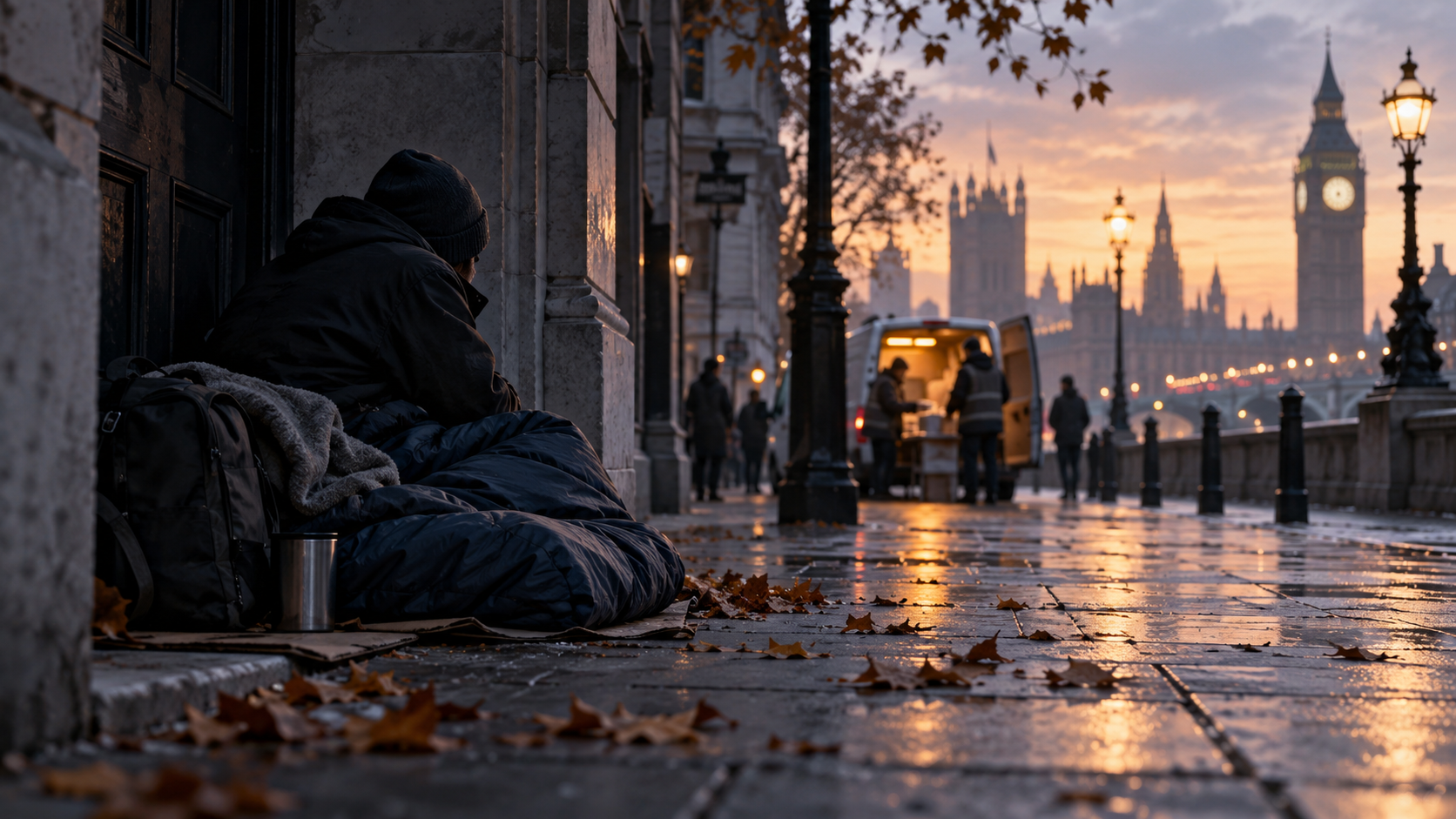 Illustrative scene of a person sleeping rough in a city as an outreach team prepares support