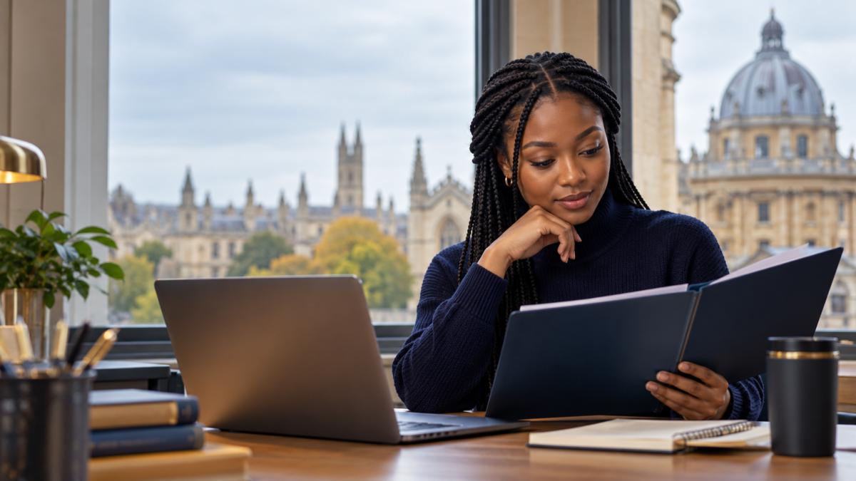 Nigerian postgraduate student reviewing application documents at a desk, with a UK university campus visible through the window; editorial illustration for the Commonwealth Shared Scholarships.