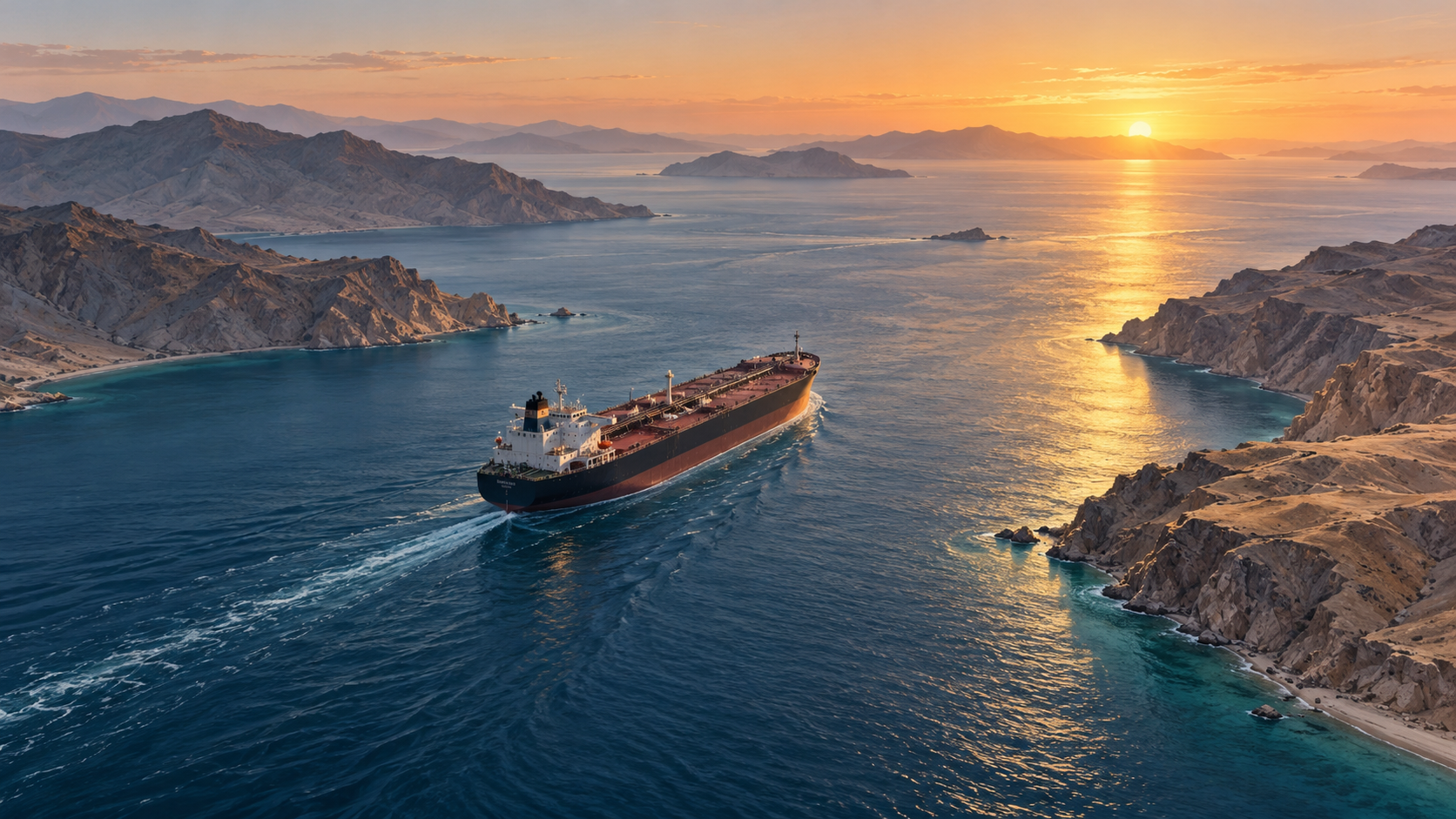 Illustration of a commercial tanker passing through a strategic Gulf shipping passage