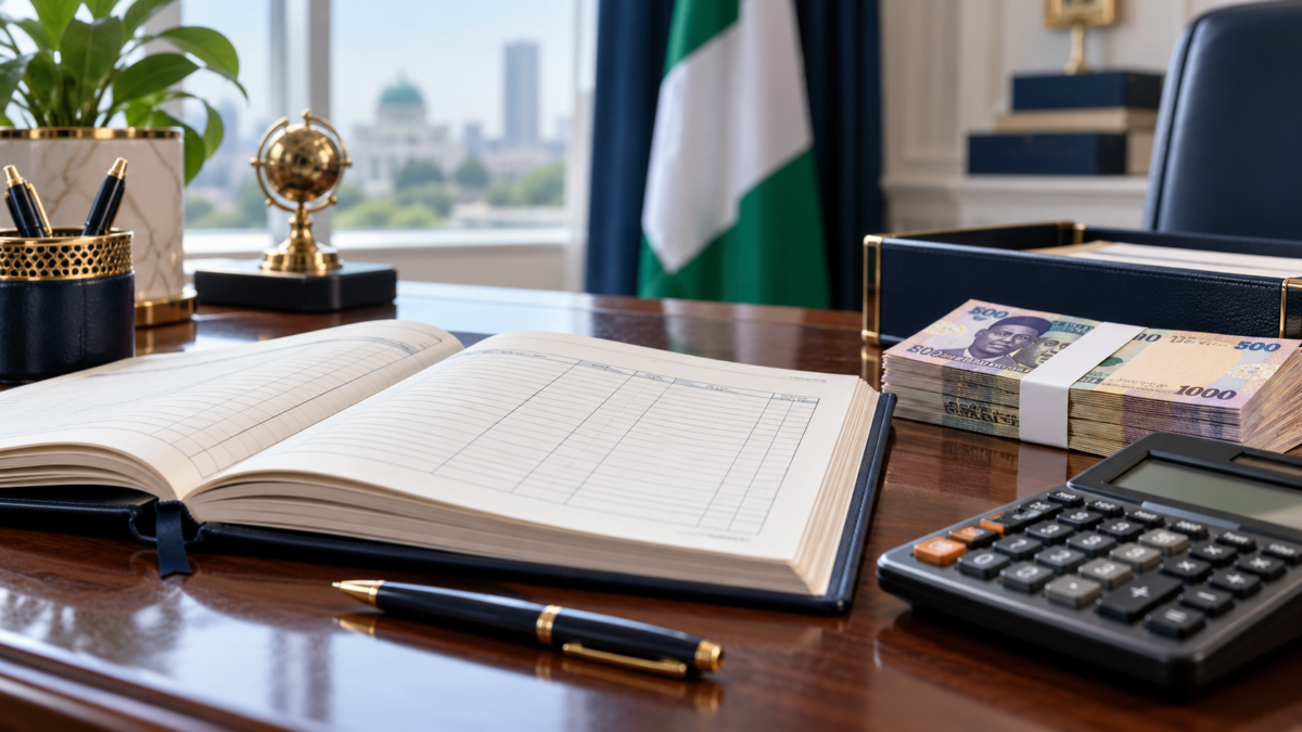 Illustration of a government finance desk with an open ledger, calculator and Nigerian naira notes