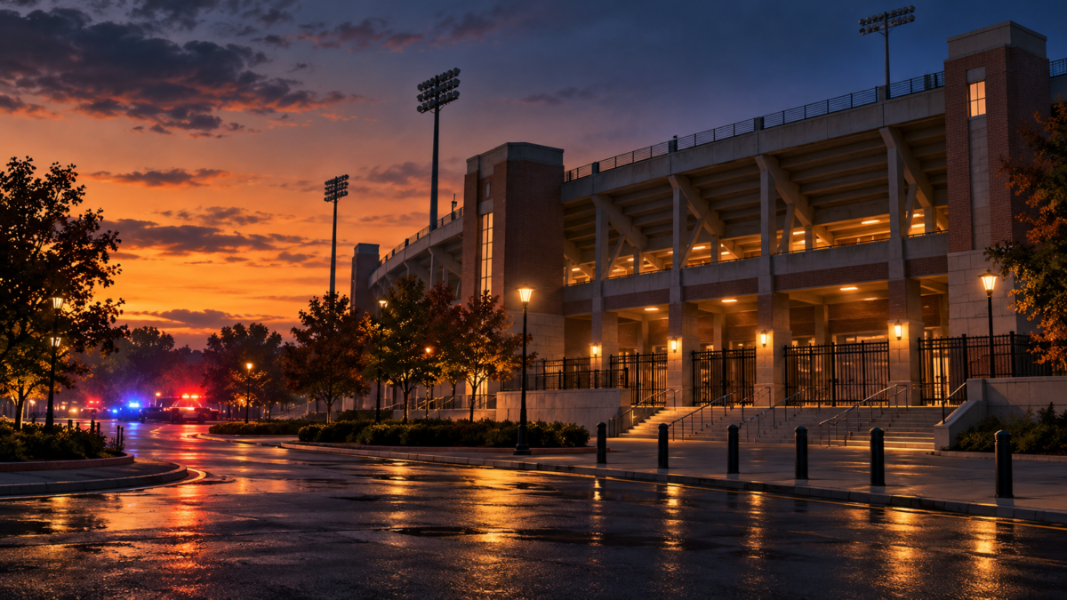 AI-generated illustration of a generic university stadium exterior at dusk; it does not depict Florida A&M or the Tallahassee incident.