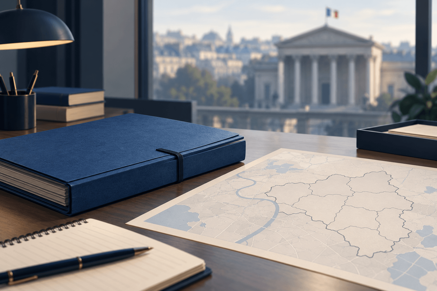 Illustrative desk with an investigation file, map and courthouse in the distance; artwork created to explain the Trappes inquiry, not a real crime-scene image.