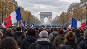AI-generated illustration of a crowd at a demonstration on a Paris avenue; it does not depict the 24 October march.