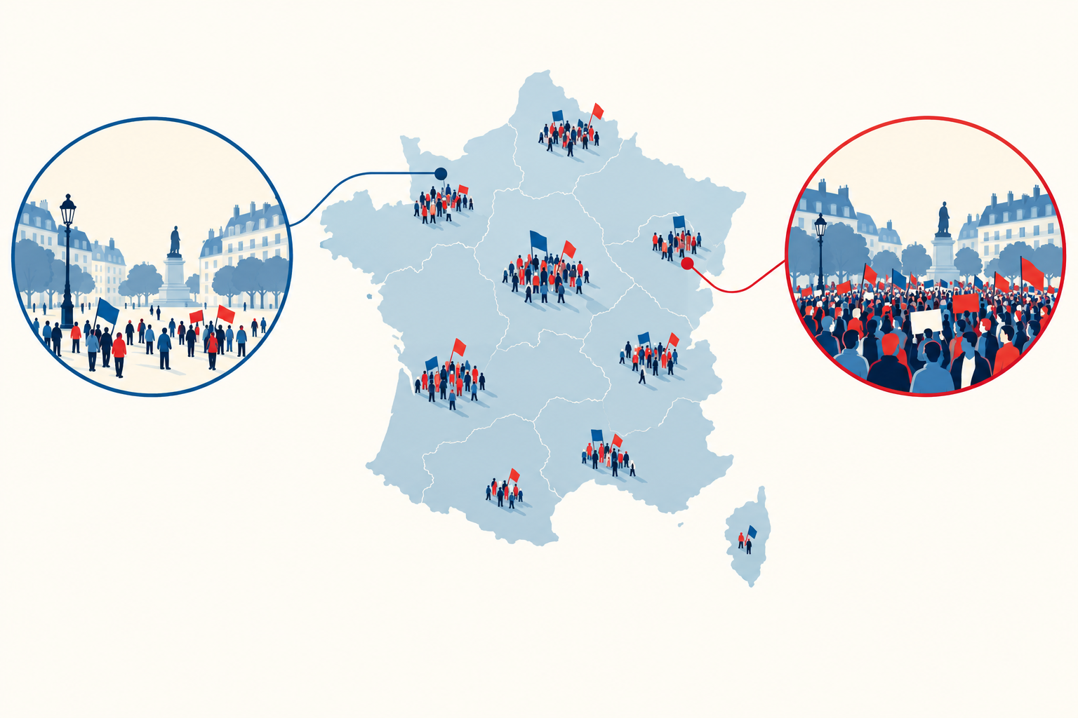 AI-generated illustrative map of France with generic crowd symbols; it does not locate or count actual demonstrations.