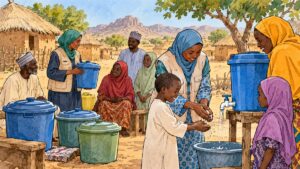 Illustration of community members and health workers practicing hand hygiene beside covered water containers; a generic cholera-prevention concept, not a photograph from the DRC.