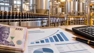 Illustrative Guinness Nigeria profit context: naira and a financial report beside a generic beverage bottling line