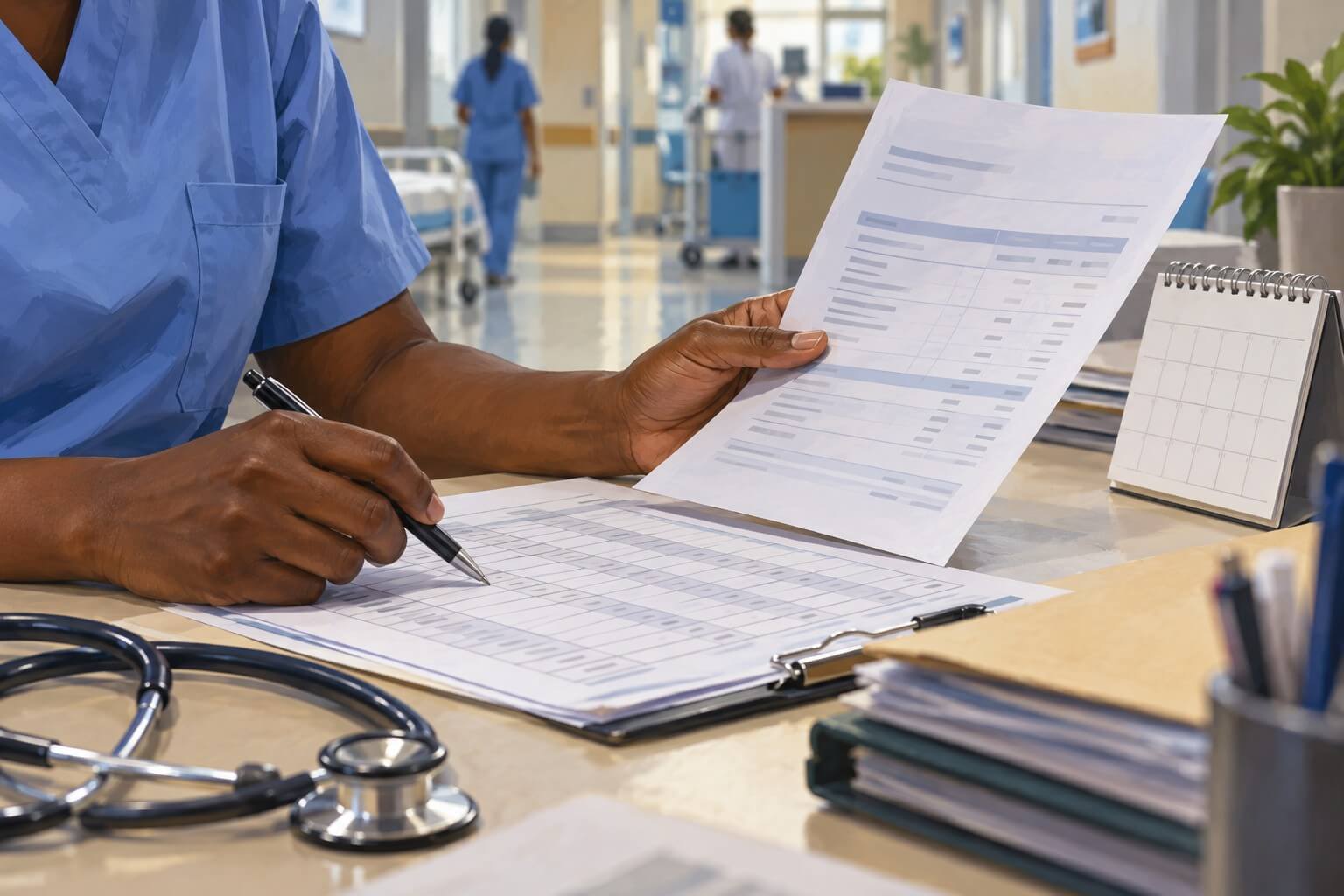 Illustration of a health worker reviewing an unmarked roster and payment records at a hospital desk