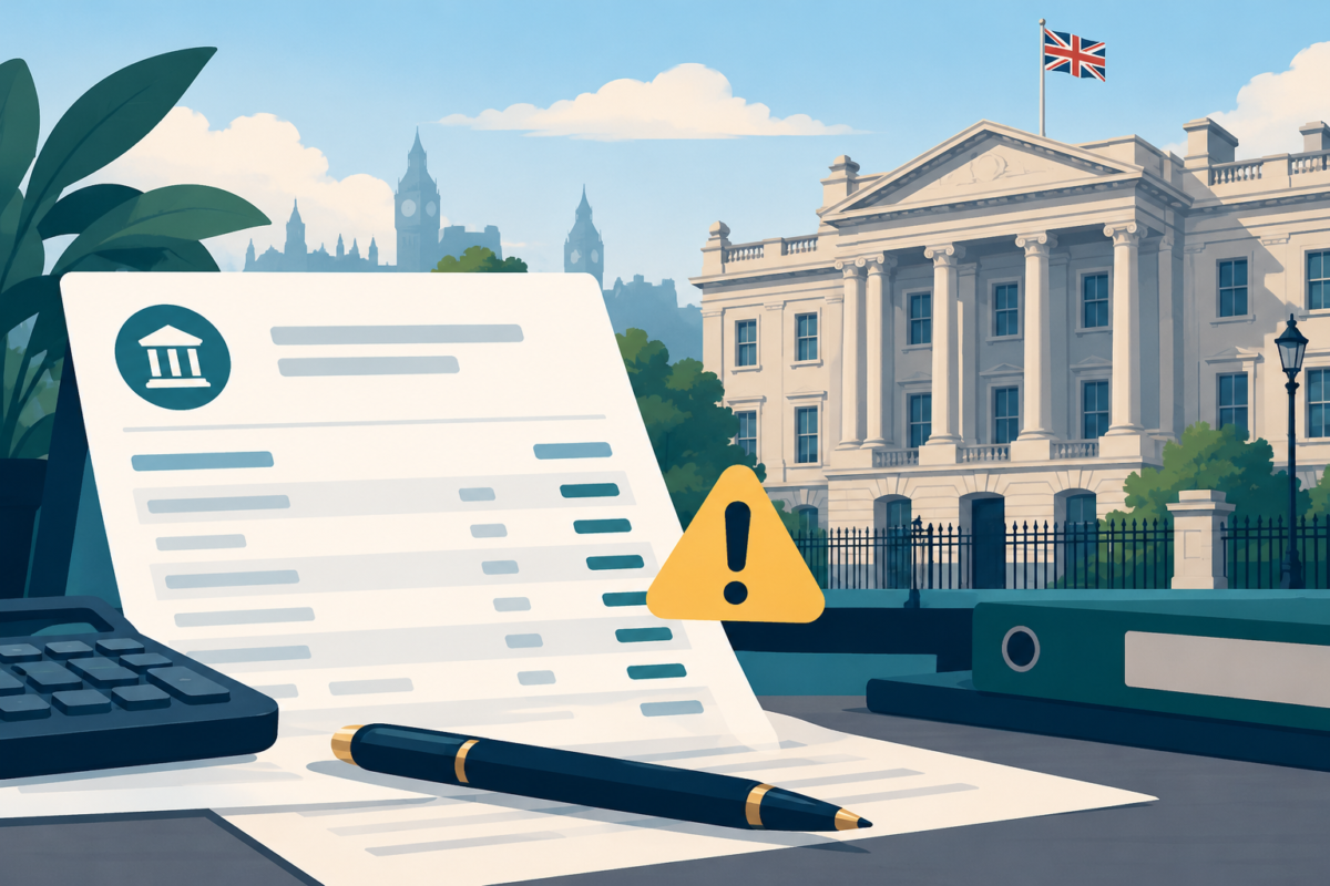 Illustration of a generic UK tax office, a bank statement and a caution symbol; it does not depict HMRC or an actual enforcement event.