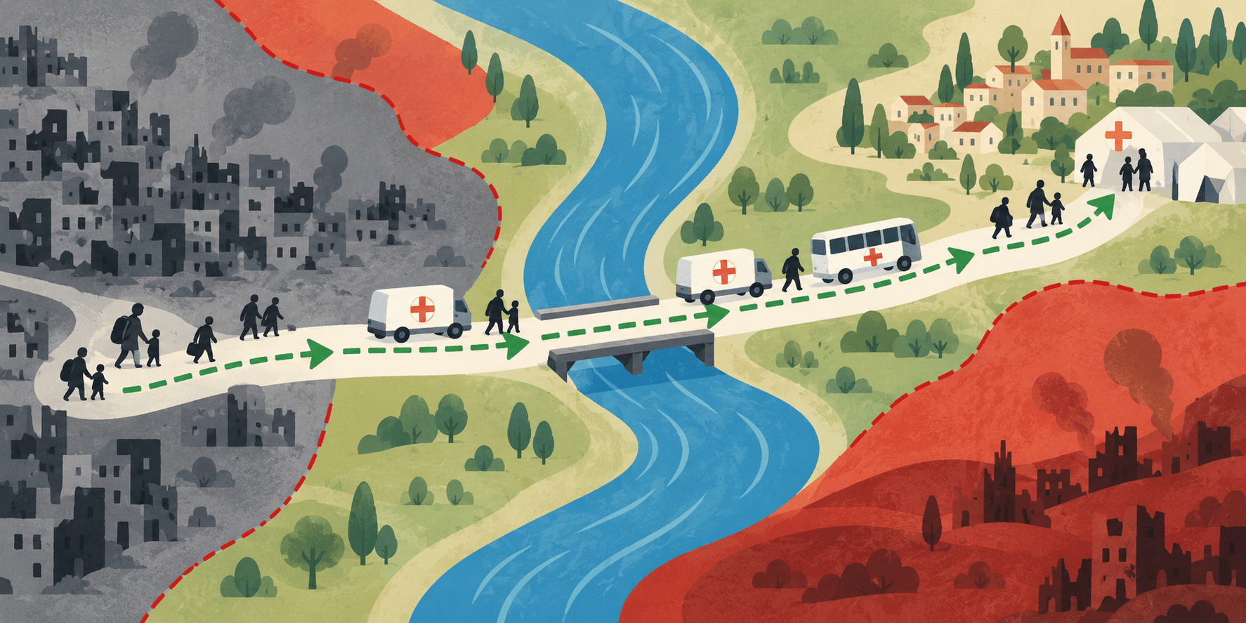 Conceptual diagram of a humanitarian route between a damaged town and an aid point; not a real map or route.