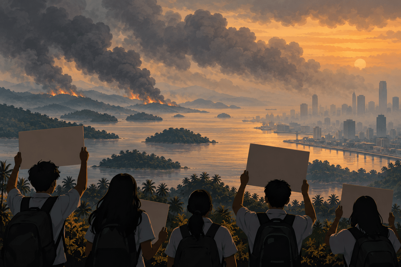 Illustration of public concern about haze-linked respiratory cases in Indonesia; not an actual protest or fire.