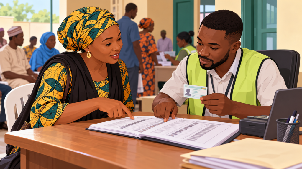 Illustration of a Nigerian voter reviewing registration details with an election official at a ward office.