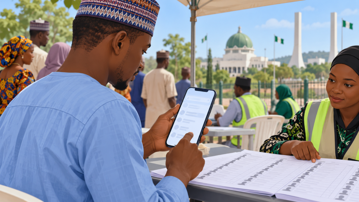 Illustration of a Nigerian voter checking the register on a smartphone at a ward centre.