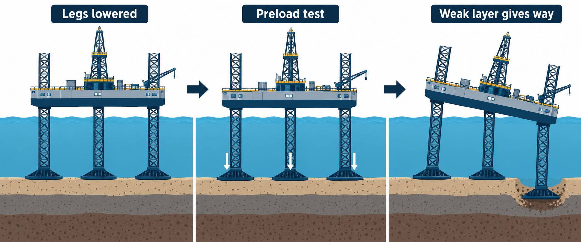 Diagram showing a jack-up rig lowering its legs, testing seabed support, then tilting when a leg penetrates a weak layer