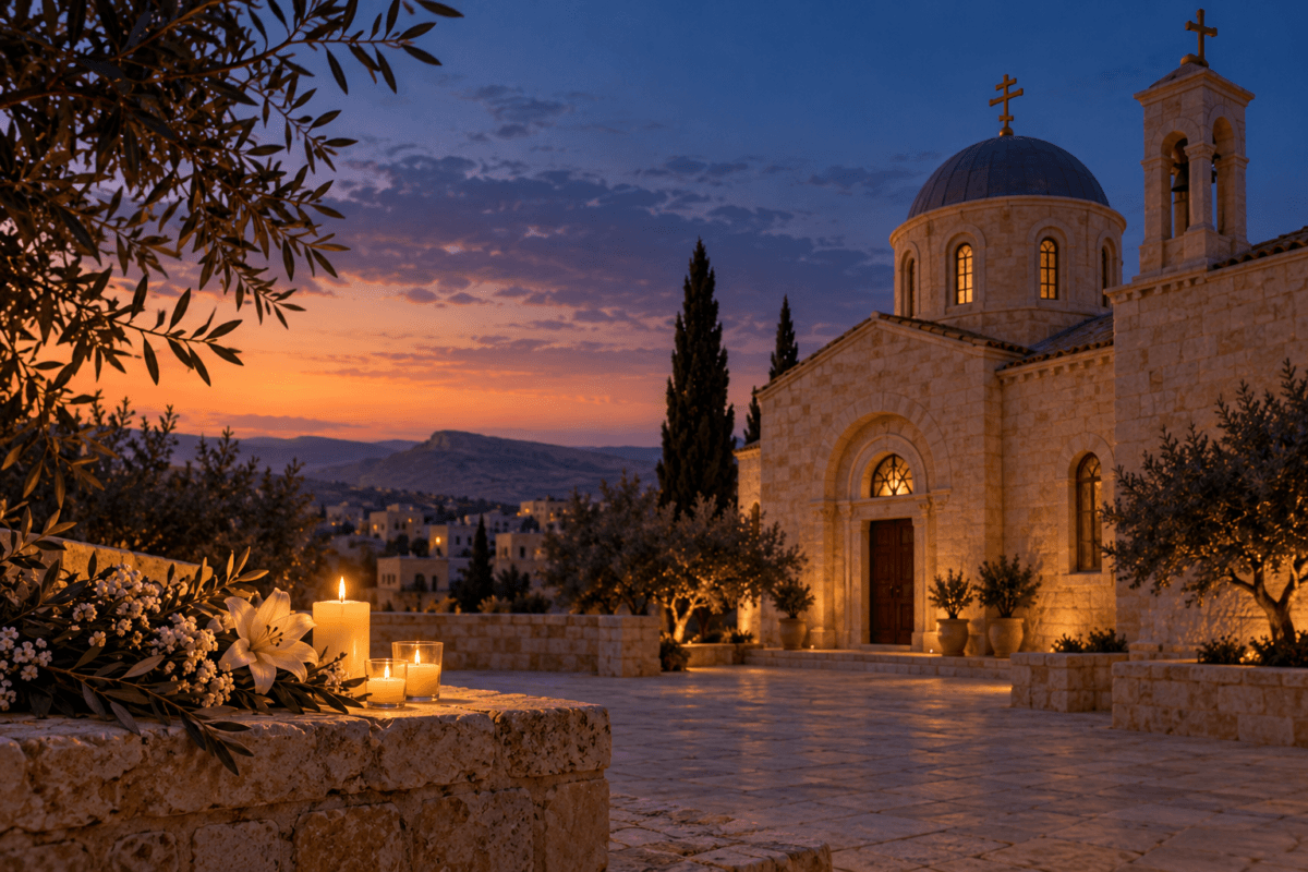 Illustrative scene of a Greek Orthodox church courtyard with candles and flowers, created as symbolic artwork and not a photograph of the attack.