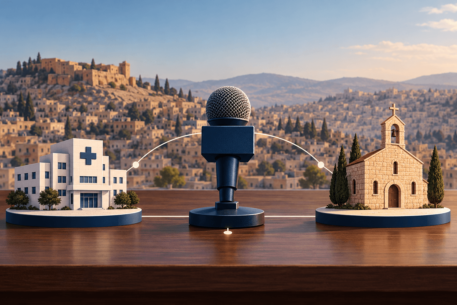 Illustrative arrangement of a church, hospital and microphone symbolising official updates after the Karak attack; not a photograph of the event.