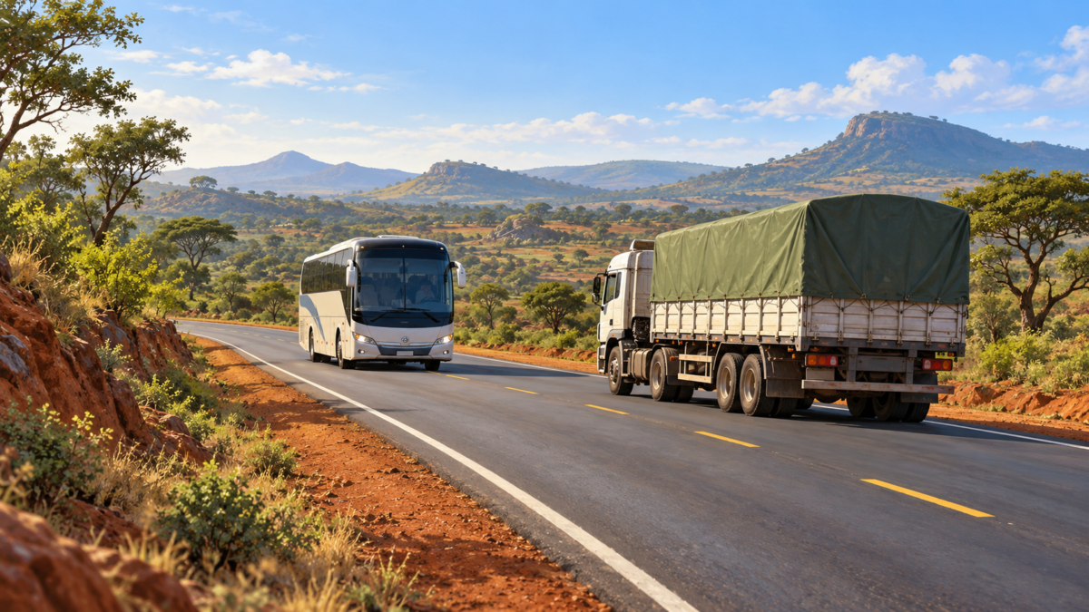 Illustration of a generic rural Kenyan highway with an intact passenger bus and lorry; not the Kanga crash site.