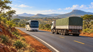 Illustration of a generic rural Kenyan highway with an intact passenger bus and lorry; not the Kanga crash site.