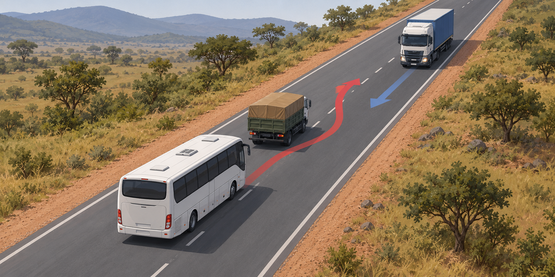 Conceptual road-safety diagram showing a possible overtaking conflict; not a reconstruction of the Kanga crash.