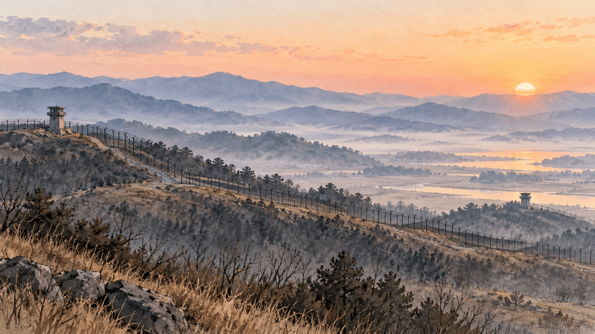 Illustration of a fence and distant guard posts along the Korean DMZ at dawn.