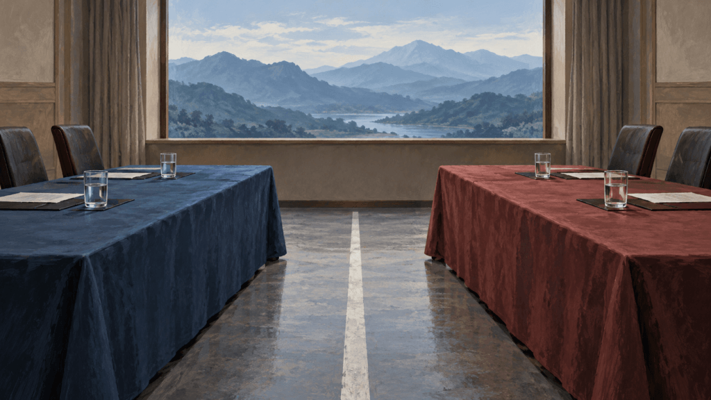 Illustration of South Korea talks symbolised by two empty tables separated by a line.