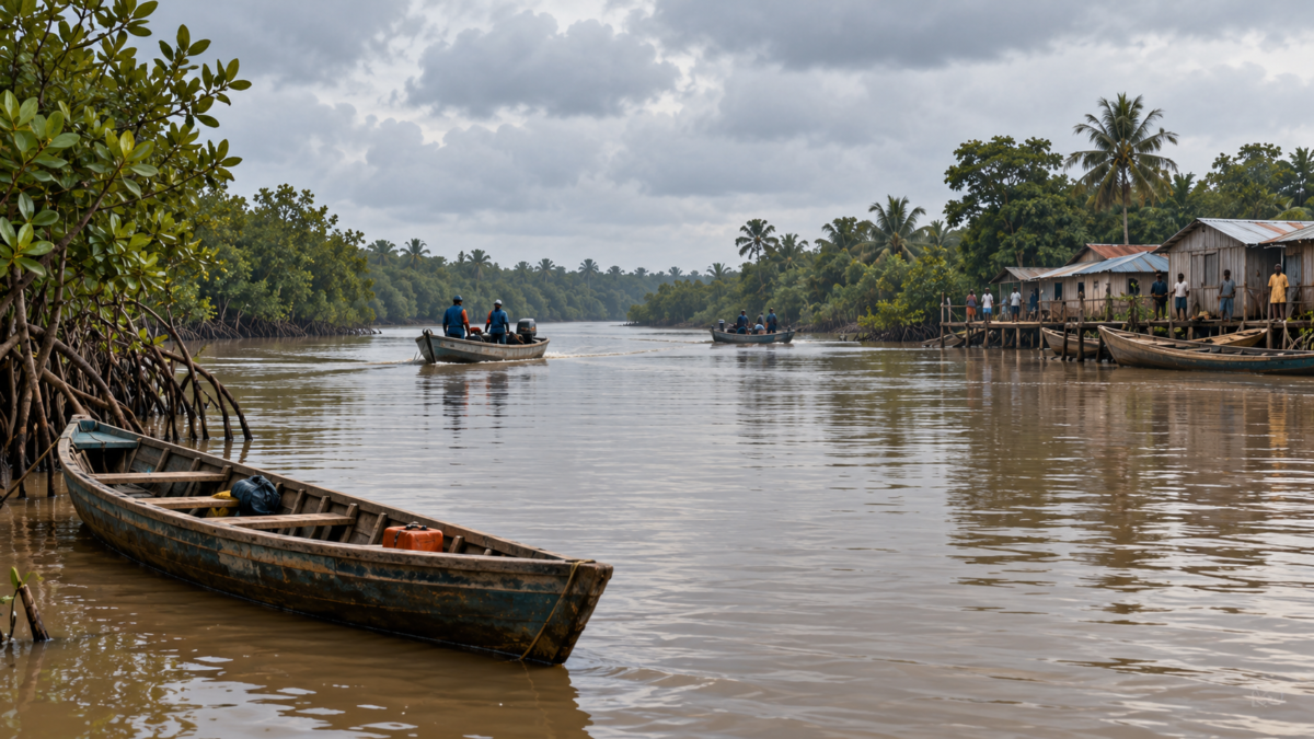 Illustrative Niger Delta creek with small boats during a search after a reported capsize