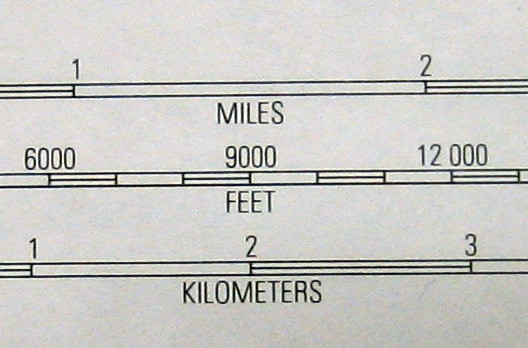 USGS scale-bar extract with separate rows labelled miles, feet and kilometres