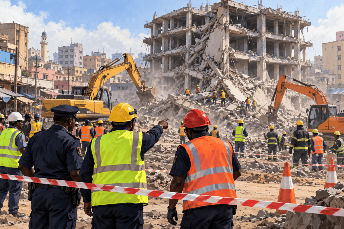 Illustration of emergency responders at a generic construction collapse site in Nairobi.