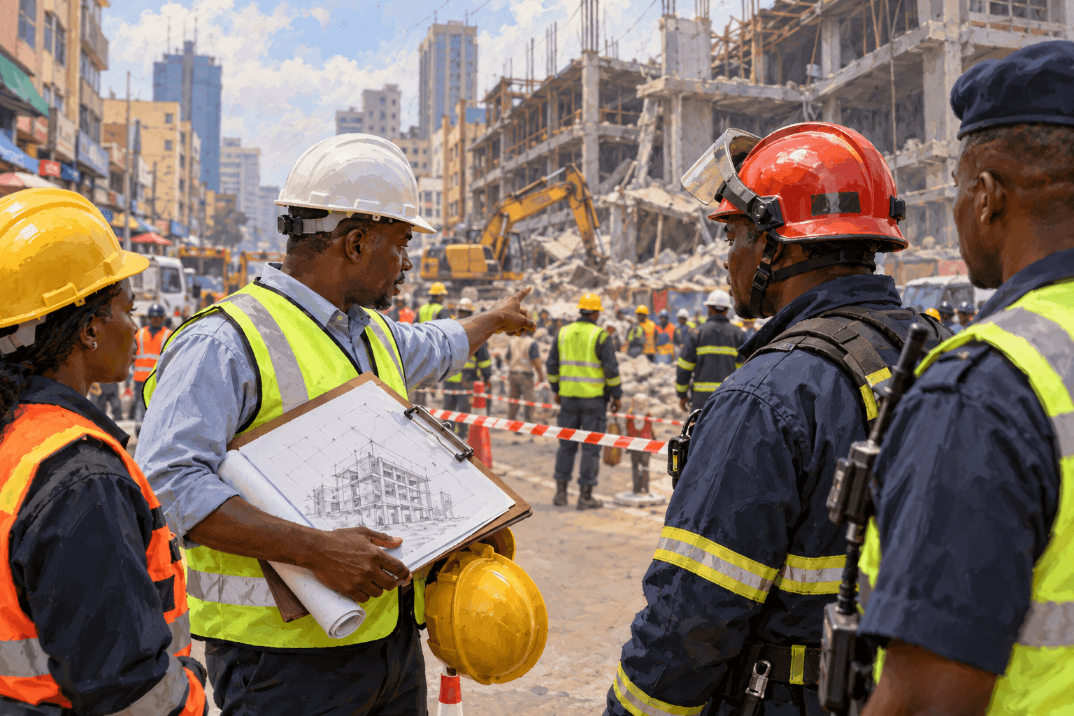 Illustration of a rescue coordinator reviewing building plans near emergency crews.