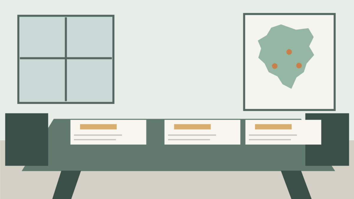 Illustration of an empty campaign planning room with a map of Nigeria