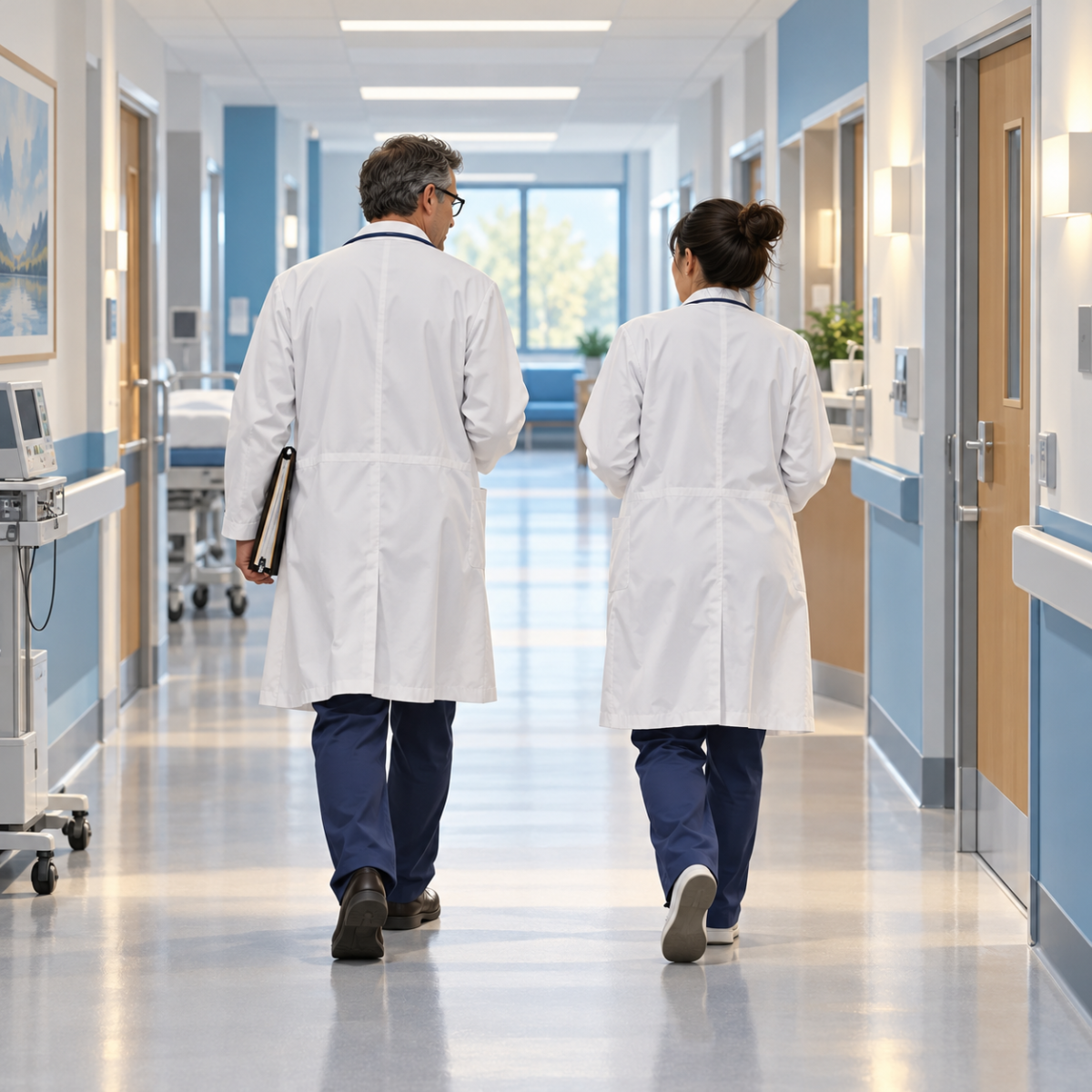 Two generic consultant doctors seen from behind in a hospital corridor