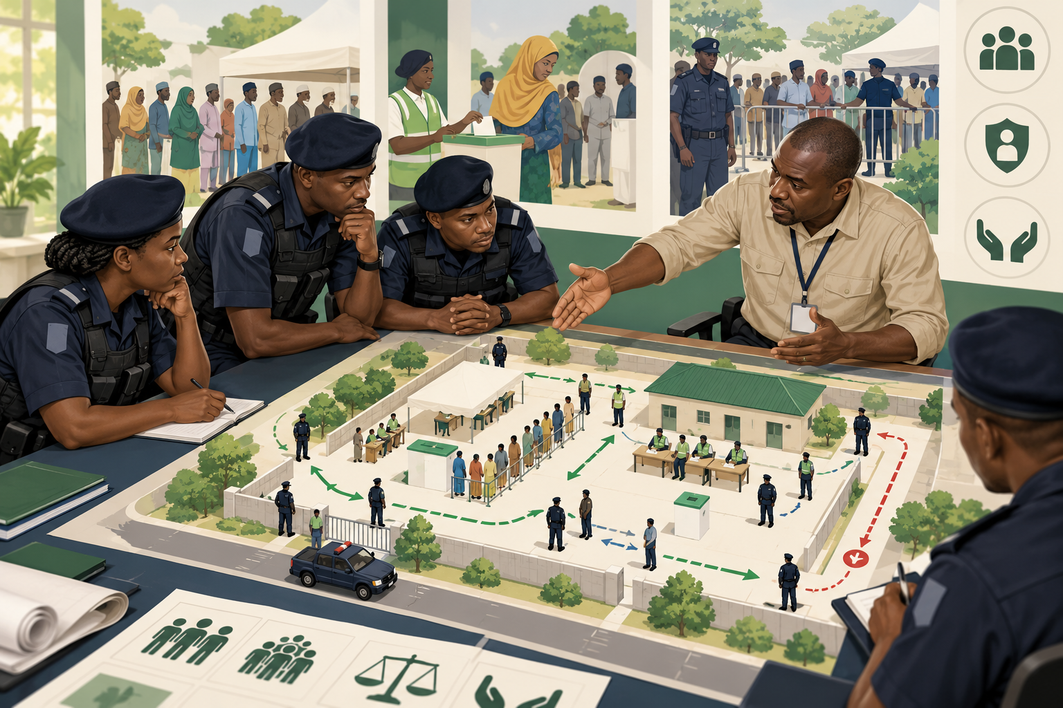 Nigeria police election training exercise illustration with a polling-place map and voter-flow planning