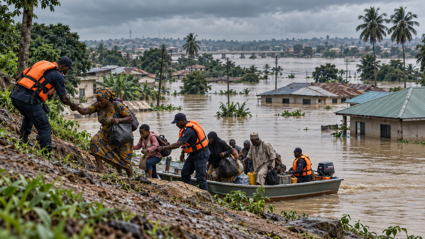 Illustration of emergency responders helping residents evacuate a flooded Nigerian riverside community