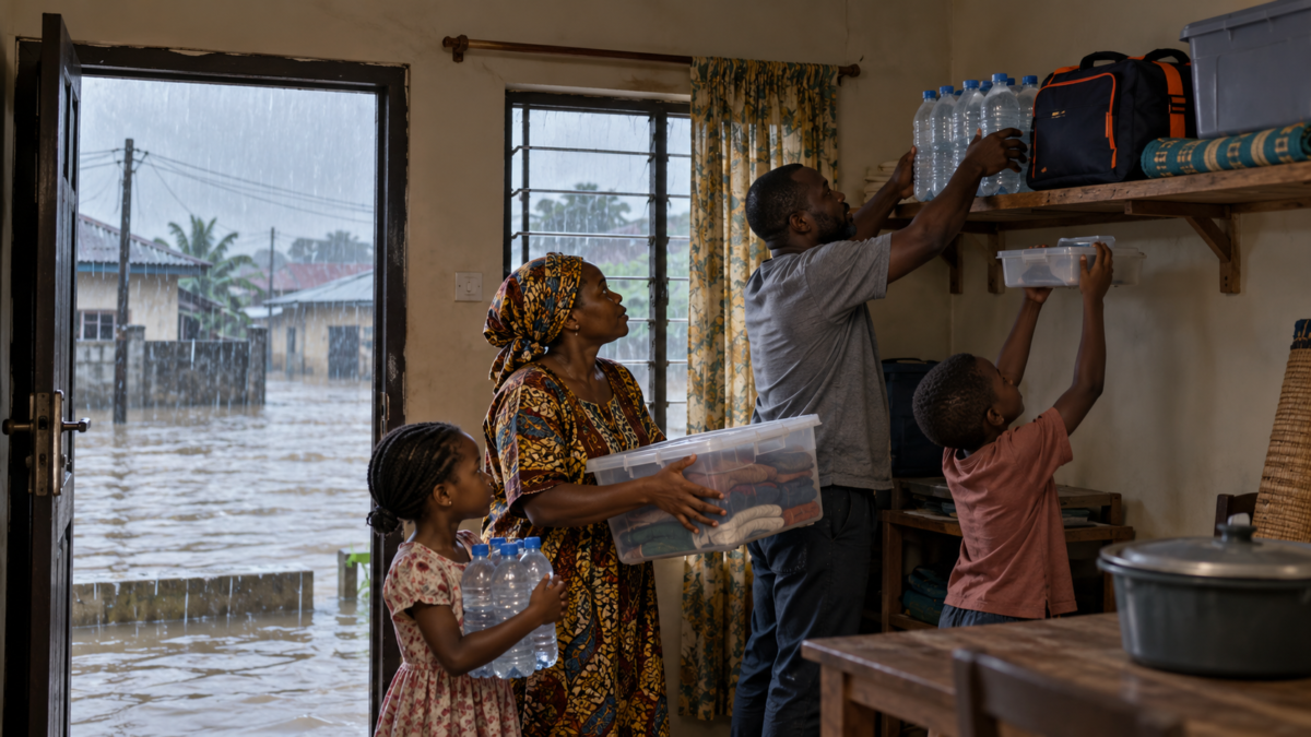 Illustration of a Nigerian family lifting drinking water and essential items above floor level before floodwater enters their home