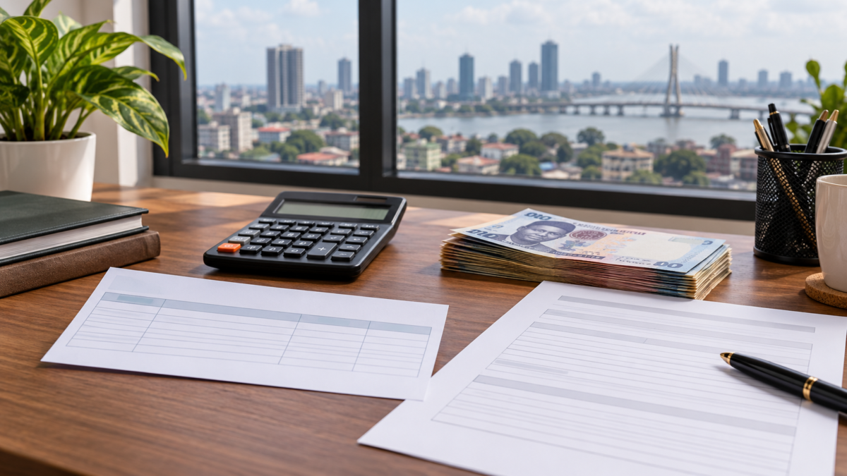 Illustrative Nigeria tax-free income calculation desk with naira notes and a calculator